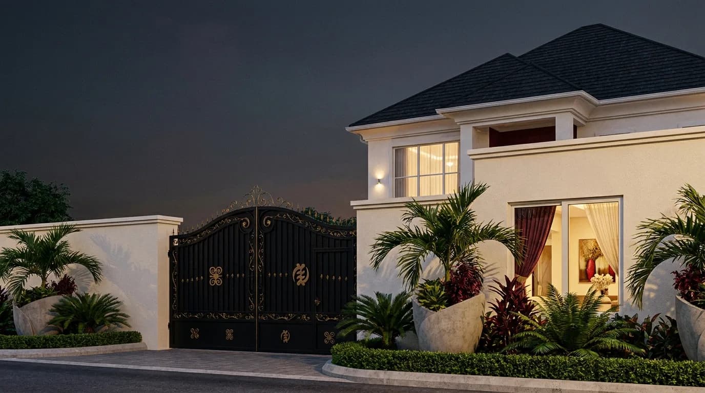 Concept visual: ornate wrought-iron gate and premium residence at dusk